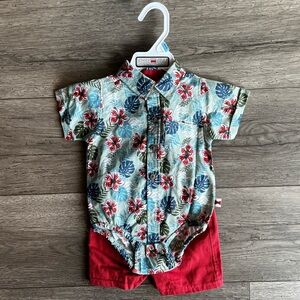 Dapper Dude Baby Boy Matching 2 Piece Set Hawaiian Shirt Onesie Red Cargo Shorts